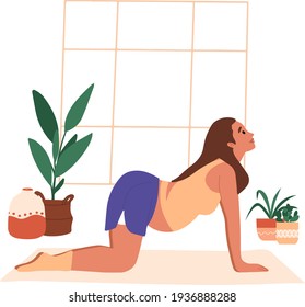Pregnant woman in sportswear doing stretching physical exercises. Young mother with belly practicing prenatal yoga exercise class at home or gym. Relaxation, stretching, working out. 
