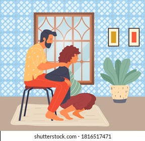 Pregnant woman is squatting, her husband on stool holds wife under arms. Woman in long term pregnancy. The husband helps his wife. Cozy home interior, pot plant. Maternity, labor, reproduction, birth