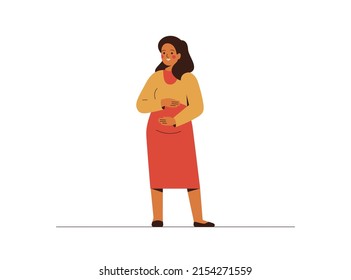 Pregnant woman stand and hug her belly with love. Young mother put hands on her stomach. Pregnancy and maternity concept. Vector illustration