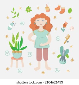Pregnant woman stand in meditation. Pregnancy health concept. Cute vector illustration in flat style