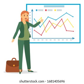 Pregnant woman stand near board with strategy graphic. Future mother working, explaining data chart on appointment. Businesswoman with belly work as analyst. Vector illustration in flat style