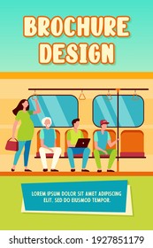 Pregnant woman standing by impolite subway train passengers. Men sitting on seats flat vector illustration. Society problems, public transport concept for banner, website design or landing web page