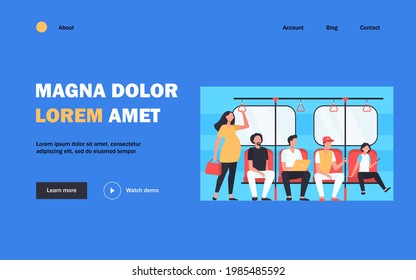 Pregnant woman standing by impolite subway train passengers. Men sitting on seats flat vector illustration. Society problems, public transport concept for banner, website design or landing web page