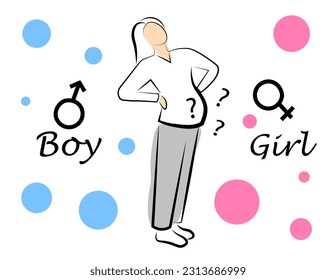 
Pregnant woman standing. Determination of gender. Vector image in doodle style