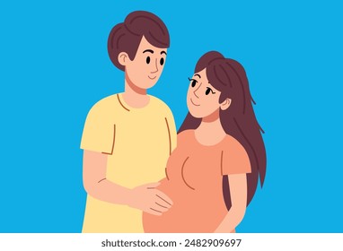 Pregnant woman standing with father vector illustration with flat style.
