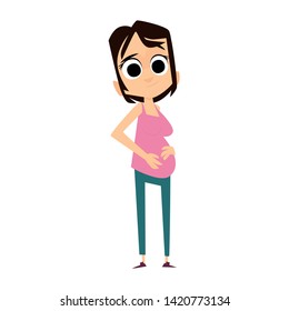 Pregnant woman standing front, stroking her belly, wearing casual clothes under the white background.