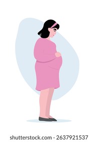 Pregnant woman standing full length in profile. Happy future mother. Vector flat graphics.