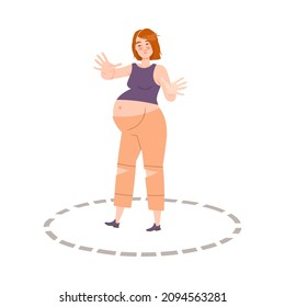 Pregnant Woman Standing Inside Her Own Boundaries Drawn With Dotted Line. Personal Space Concept Cartoon Vector Illustration