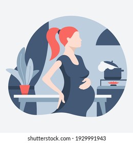 Pregnant woman standing in the kitchen near the stove. Pregnant with back pain. Home routine. Flat design. Vector illustration