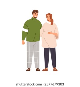 Pregnant woman, standing with man, husband. Happy family couple expecting baby birth. Parents, future father and mother with belly, bearing child. Flat vector illustration isolated on white background