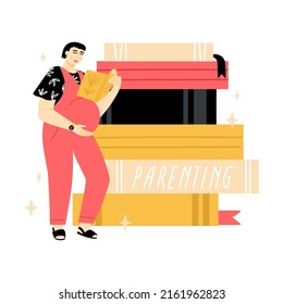 Pregnant Woman  Standing Near Big Pile Of Books And Reading Book About The Nurture Of Children. Self Education, Birth And Parenting Preparation. Vector Flat Illustration