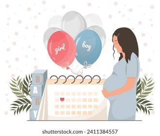 Pregnant woman standing near calendar or planner, waiting for baby, maternity concept, baby shower, flat vector illustration