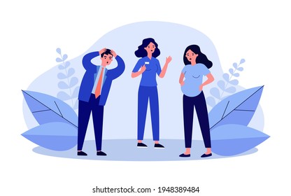 Pregnant woman standing near nervous husband and nurse. Belly, birth, baby flat vector illustration. Pregnancy and maternity concept for banner, website design or landing web page