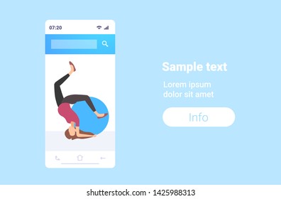 pregnant woman standing on head doing exercises with gymnastic ball workout fitness pregnancy healthy lifestyle concept smartphone screen mobile application full length flat horizontal copy space
