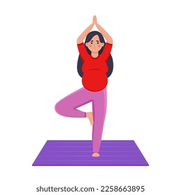 Pregnant woman standing on mat, doing yoga vector illustration. Young mother doing yoga exercises. Pregnancy, health concept