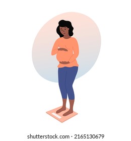 Pregnant woman standing on scales and checking weight. Pregnancy weight gain. Unhappy african american future mother. Flat vector illustration.