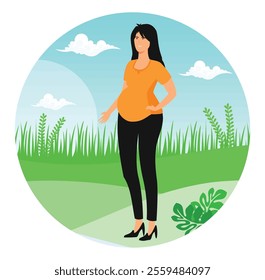 Pregnant woman standing outdoors in nature, surrounded by greenery and sunlight. A cheerful ambiance with natural elements. Flat vector modern illustration 