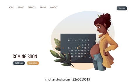 Pregnant woman standing in profile and Monthly Calendar. Motherhood, Pregnancy Planning, Childbirth, baby waiting concept. Vector Illustration for poster, banner, website.