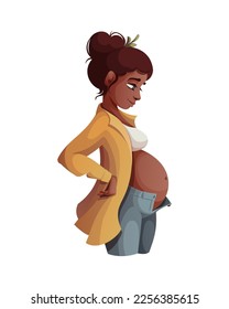 Pregnant woman standing in profile. Motherhood, Parenthood, Pregnancy concept. Isolated vector Illustration.