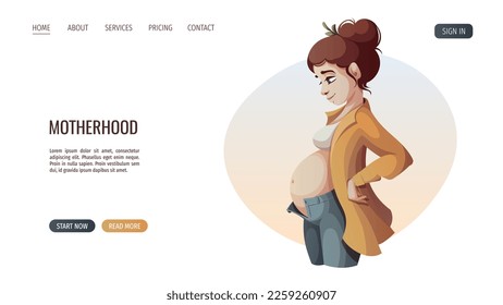 Pregnant woman standing in profile. Motherhood, Parenthood, Pregnancy concept. Vector Illustration for poster, banner, website.