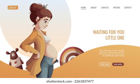 Pregnant woman standing in profile, teddy bear. Motherhood, Parenthood, Pregnancy concept. Vector Illustration for poster, banner, website.