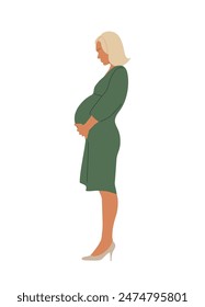 Schwangere Frau stehend Seitenansicht, Hände am Bauch. Mutter erwartet Baby. Zukünftige Mama. Schwangerschaft, Mutterschaftskonzept. Weibliches Lagerkind. Flache Vektorillustration isoliert auf weißem Hintergrund.