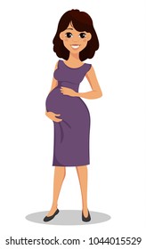 Pregnant woman standing straight and holding hands on her belly. Beautiful smiling pregnant lady. Cartoon character on white background. 