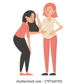 Pregnant woman standing and touching belly vector isolated. Young mother expecting baby. Happy female character holding belly. Homosexual couple expecting baby.
