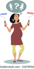 Pregnant woman standing with two panting rollers in her hands, thinking about weather she is having a boy or a girl, choosing a color for the nursery 