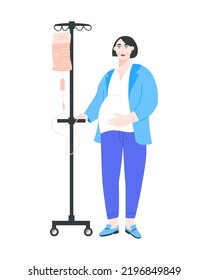 Pregnant woman standing with vitamin dropper on a white background. Female patient with the IV during treatment at clinic. Vector flat illustration