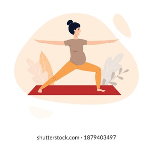 Pregnant woman standing in yoga asana, flat vector illustration isolated on white background. Healthy pregnancy and maternity, childbirth and motherhood.
