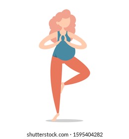 Pregnant woman standing in yoga pose vector isolated. Tree position. Healthy and active lifestyle. Lady expecting baby.