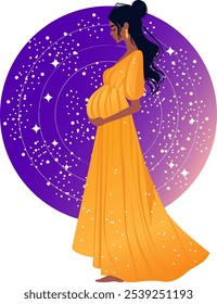 A pregnant woman stands against the background of space and holds her stomach