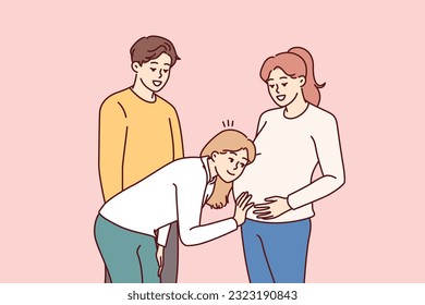 Pregnant woman stands with friends and allows to put ear to stomach to hear movements of baby. Pregnant girl rejoices that she will soon become mother and share positive with sister