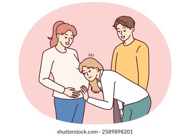 Pregnant woman stands with friends and allows to put ear to stomach to hear movements of baby. Pregnant girl rejoices that she will soon become mother and share positive with sister