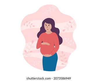 Pregnant woman stands, smiles and touches belly. Happy pregnancy concept. Vector flat illustration.