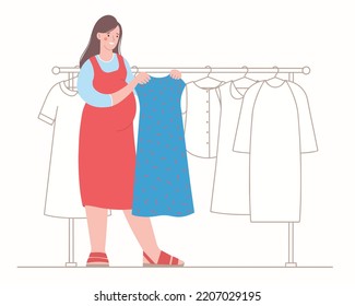 Una mujer embarazada en la tienda elige un vestido. Ropa de maternidad. Bandeja con vestidos. Ilustración del vector