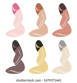 A pregnant woman with straight hair sits and holds her hand on her big belly. A set of six simple two-tone silhouettes with different hair and skin colors.