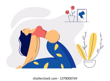 Pregnant Woman Stretching in Yoga Position. Young Pregnancy Mother Exercises Aerobics. Sport Healthy Lifestyle Maternity Concept. Pregnant Girl with Belly Training. Vector flat cartoon illustration