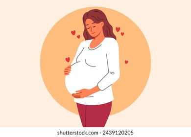 Pregnant woman strokes belly, eagerly awaiting birth of long-awaited child from beloved man. Pregnant young girl feels affection for still neglected baby thanks to maternal instinct and hormones