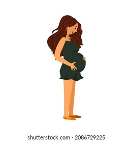 A pregnant woman strokes her belly. Vector image of a woman with a big belly. The woman is pregnant. A girl with long hair is preparing to become a mother.