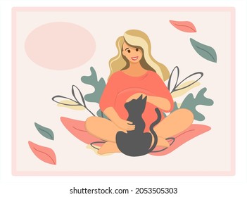 A pregnant woman is stroking a cat on a background of autumn nature. She relieves stress and shows love for the animal. Vector template for design of online stores, clubs, networks with speech bubble