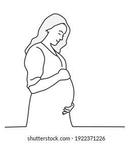 Pregnant woman stroking her belly. Hand drawn vector illustration.