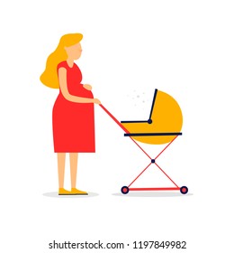 Pregnant woman with a stroller. Flat style vector illustration.