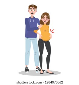 Pregnant woman with strong contractions. Pain in belly. Female character right before baby birth. Isolated flat illustration