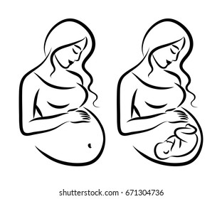 Pregnant woman. Stylized outline symbol. Maternity, pregnancy, motherhood. Silhouette, icon, logo, sign. Vector illustration