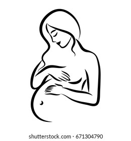 Pregnant woman. Stylized outline symbol. Maternity, pregnancy, motherhood. Silhouette, icon, logo, sign. Vector illustration