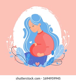 Pregnant woman stylized vector illustration. Mom hugs her belly flat logo template