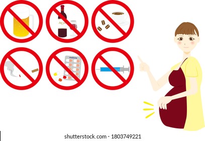 Pregnant woman, stylized vector illustration. No drugs. No alcohol. No caffeine. No smoking.