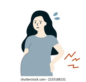 Mujer embarazada sufriendo dolor de espalda. Madre con un serio problema de dolor de espalda, reteniendo con la mano.  Síntomas de enfermedades, maternidad, concepto de maternidad. Ilustraciones aisladas de vector plano.